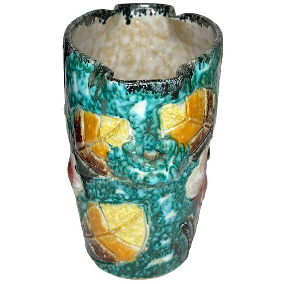 Vtg Italy Sgraffito Pottery Vase Signed Hand Painted Handles Allow Hanging 7” - Picture 4 of 11